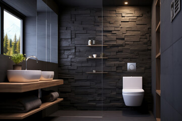 Bathroom, washroom Mockup, with Towel on fern with candles and black hot stone on wooden background. Hot stone massage setting lit by candles