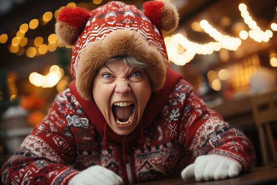adult woman dressed as Christmas and wearing a hat screaming in panic