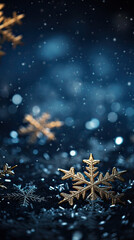 Golden Christmas snowflakes ornaments on blue background. Generative AI. - obrazy, fototapety, plakaty