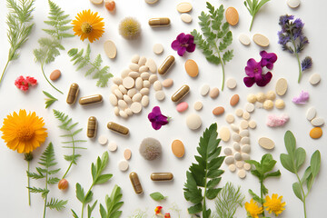 Fototapeta na wymiar Different pills, herbs and flowers on white wooden table, flat lay. Dietary supplements