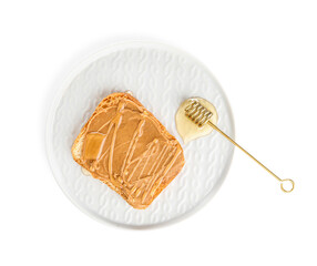 Plate of toasts with peanut butter and honey on white background