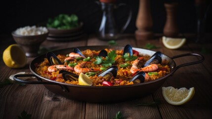  Fresh paella in pan on wooden table