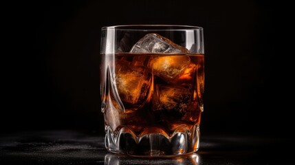  Freshly made alcoholic cocktail with brown rum, cola, ice. Glass of alcoholic drink on table with ice cubes. Dark background. reflective surface. Copy space. 