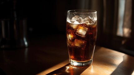  Glass of drink with cola illuminated by sunlight. 