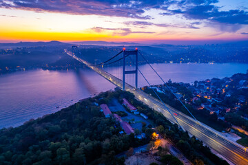Aerial view of Fatih Sultan Mehmet Bridge in Istanbul, Turkey. Beautiful sunrise view of Istanbul...