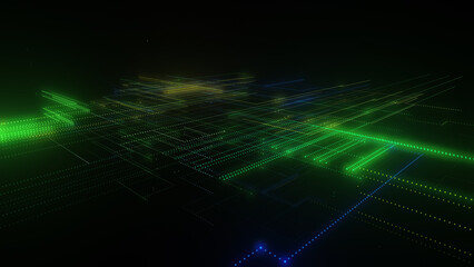 3D rendering of a digital neon mesh made of bright lines and dots