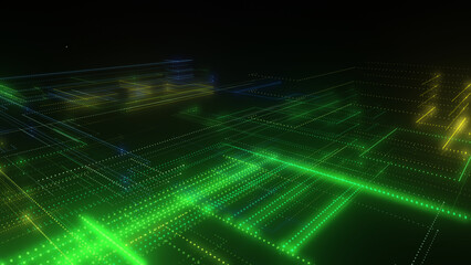 3D rendering of a digital neon mesh made of bright lines and dots