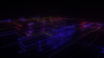 3D rendering of a digital neon mesh made of bright lines and dots
