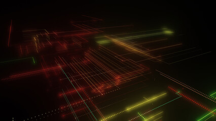 Fototapeta premium 3D rendering of a digital neon mesh made of bright lines and dots