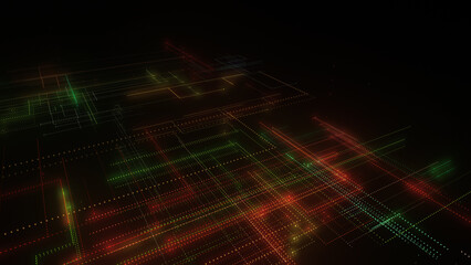 3D rendering of a digital neon mesh made of bright lines and dots