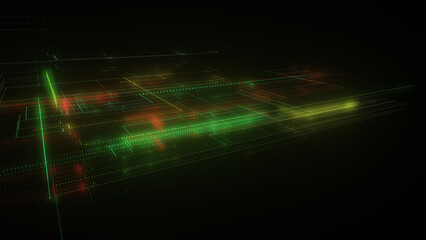 3D rendering of a digital neon mesh made of bright lines and dots