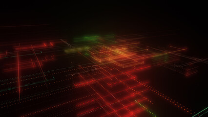 3D rendering of a digital neon mesh made of bright lines and dots