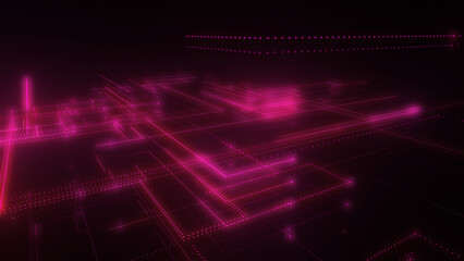 3D rendering of a digital neon mesh made of bright lines and dots