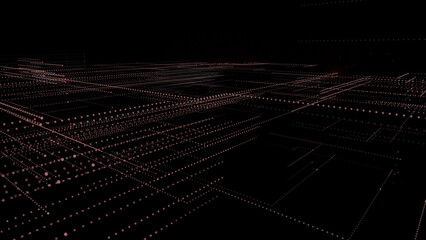 3D rendering of a digital neon mesh made of bright lines and dots