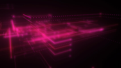 3D rendering of a digital neon mesh made of bright lines and dots