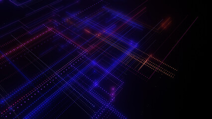 3D rendering of a digital neon mesh made of bright lines and dots