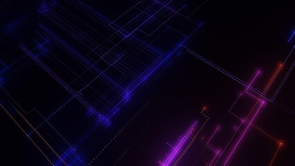3D rendering of a digital neon mesh made of bright lines and dots