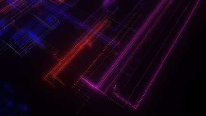 3D rendering of a digital neon mesh made of bright lines and dots