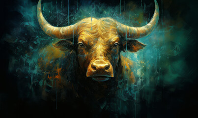 Astrological Sign of Taurus, mask of the zodiac, bull with a blue light on its horns, taurus sing in horoscope, animal panorama.