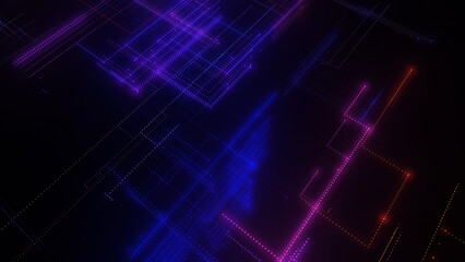 3D rendering of a digital neon mesh made of bright lines and dots