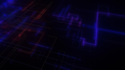 3D rendering of a digital neon mesh made of bright lines and dots