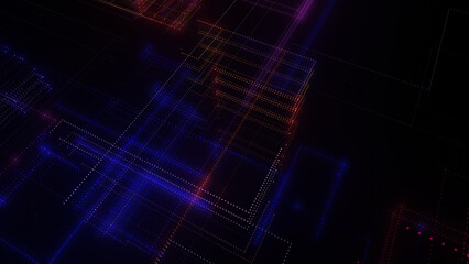 3D rendering of a digital neon mesh made of bright lines and dots
