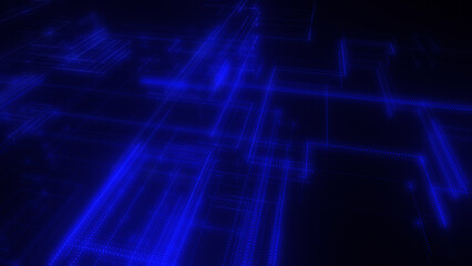 3D rendering of a digital neon mesh made of bright lines and dots
