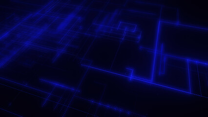 3D rendering of a digital neon mesh made of bright lines and dots