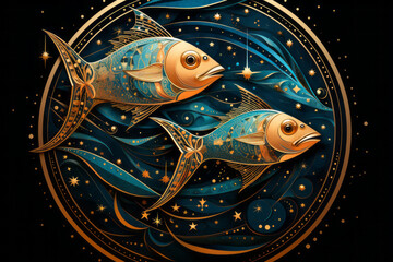 Pisces zodiac sign against space nebula background. Astrology calendar. Esoteric horoscope and fortune telling concept. - obrazy, fototapety, plakaty
