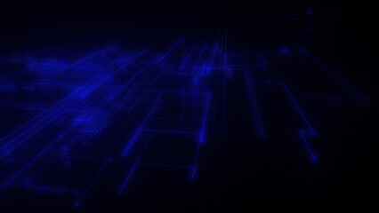 3D rendering of a digital neon mesh made of bright lines and dots