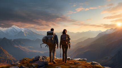 Silhouette hiker couple on mountain top, stunning view of sunset in background
