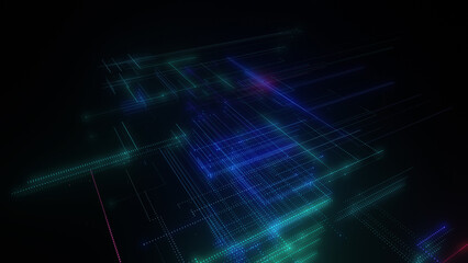 3D rendering of a digital neon mesh made of bright lines and dots
