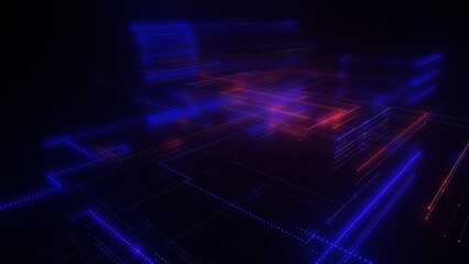 3D rendering of a digital neon mesh made of bright lines and dots