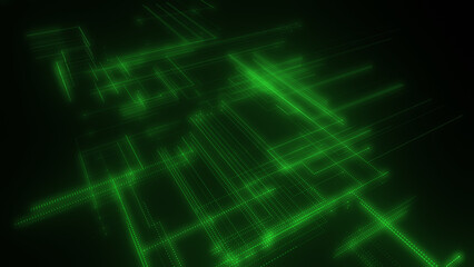 3D rendering of a digital neon mesh made of bright lines and dots