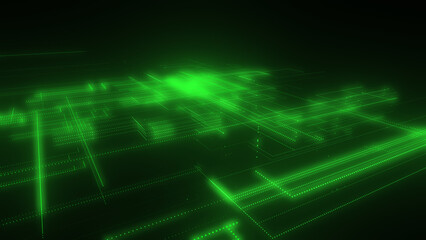 3D rendering of a digital neon mesh made of bright lines and dots