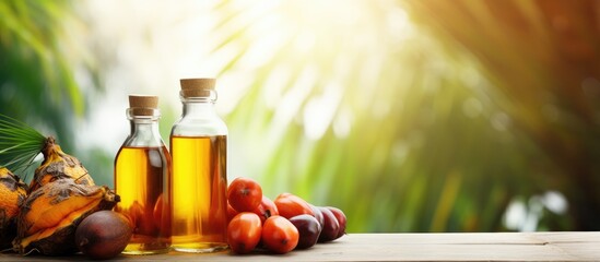 Glass bottled palm oil and fruits on wooden table with room for text blurred background