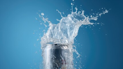  Soda exploding from aluminum can on blue background