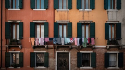  windows with clothes hanging on a facade in Venice, Italy