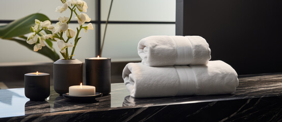Bathroom, washroom Mockup, with Towel on fern with candles and black hot stone on wooden background. Hot stone massage setting lit by candles