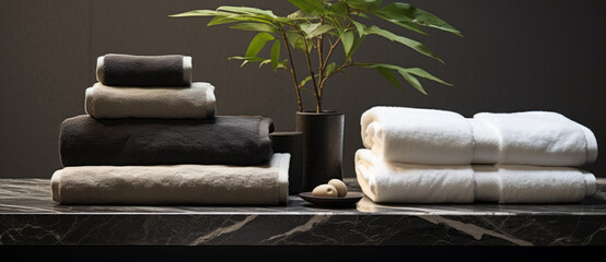 Bathroom, washroom Mockup, with Towel on fern with candles and black hot stone on wooden background. Hot stone massage setting lit by candles