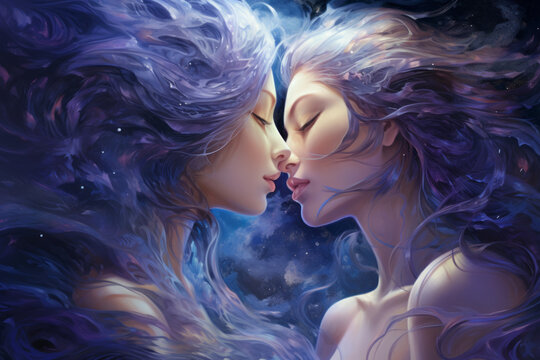 Zodiac sign gemini in cosmic space. Two women. Zodiac sign symbol Gemini over stars and galaxy like astrology concept