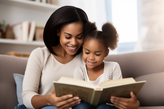 Mom and girl reading a book. Parent-child communication. Good time spent with children