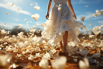 child legs wearing white clothes and running around on the field of white flowers. AI generative