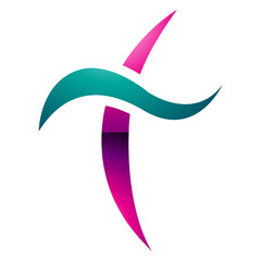 Magenta and Green Glossy Curvy Sword Shaped Letter T Icon