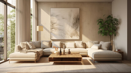 Fototapeta na wymiar Stylish Living Room Interior with a Frame Poster Mockup, Modern Interior Design, 3D Render, 3D Illustration
