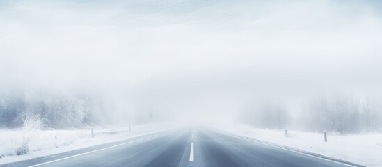 Limited visibility due to fog while driving on a snowy winter highway