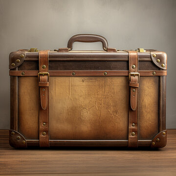 Fondo con detalle y textura de antigua maleta con correas de cuero, con pared de fondo de color gris