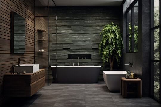 Bathroom, washroom Mockup, with Towel on fern with candles and black hot stone on wooden background. Hot stone massage setting lit by candles