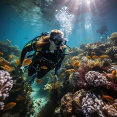 Naklejka na ściany i meble Skilled female diver gracefully explores the underwater world