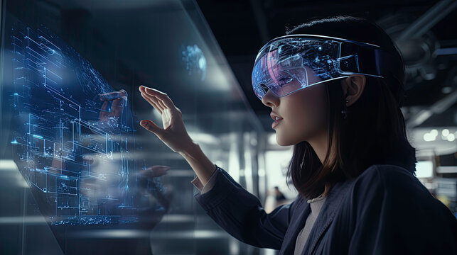 young woman typing on a virtual screen., augmented reality - Powered by Adobe